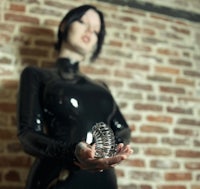 a woman in latex holding a syringe in front of a brick wall